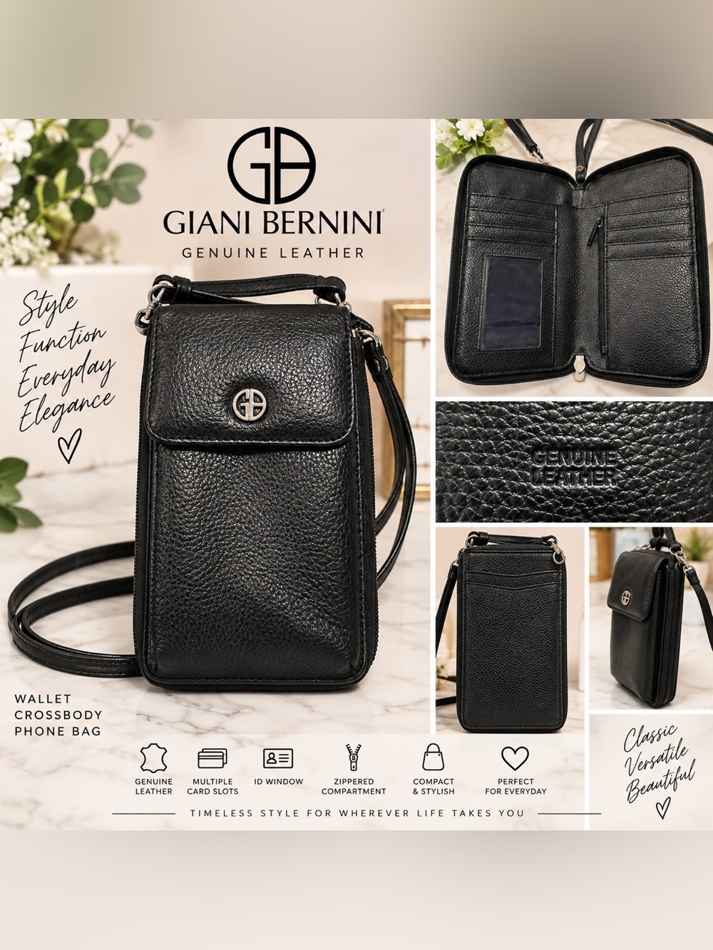 Giani Bernini Black Genuine Leather Crossbody Phone Pouch